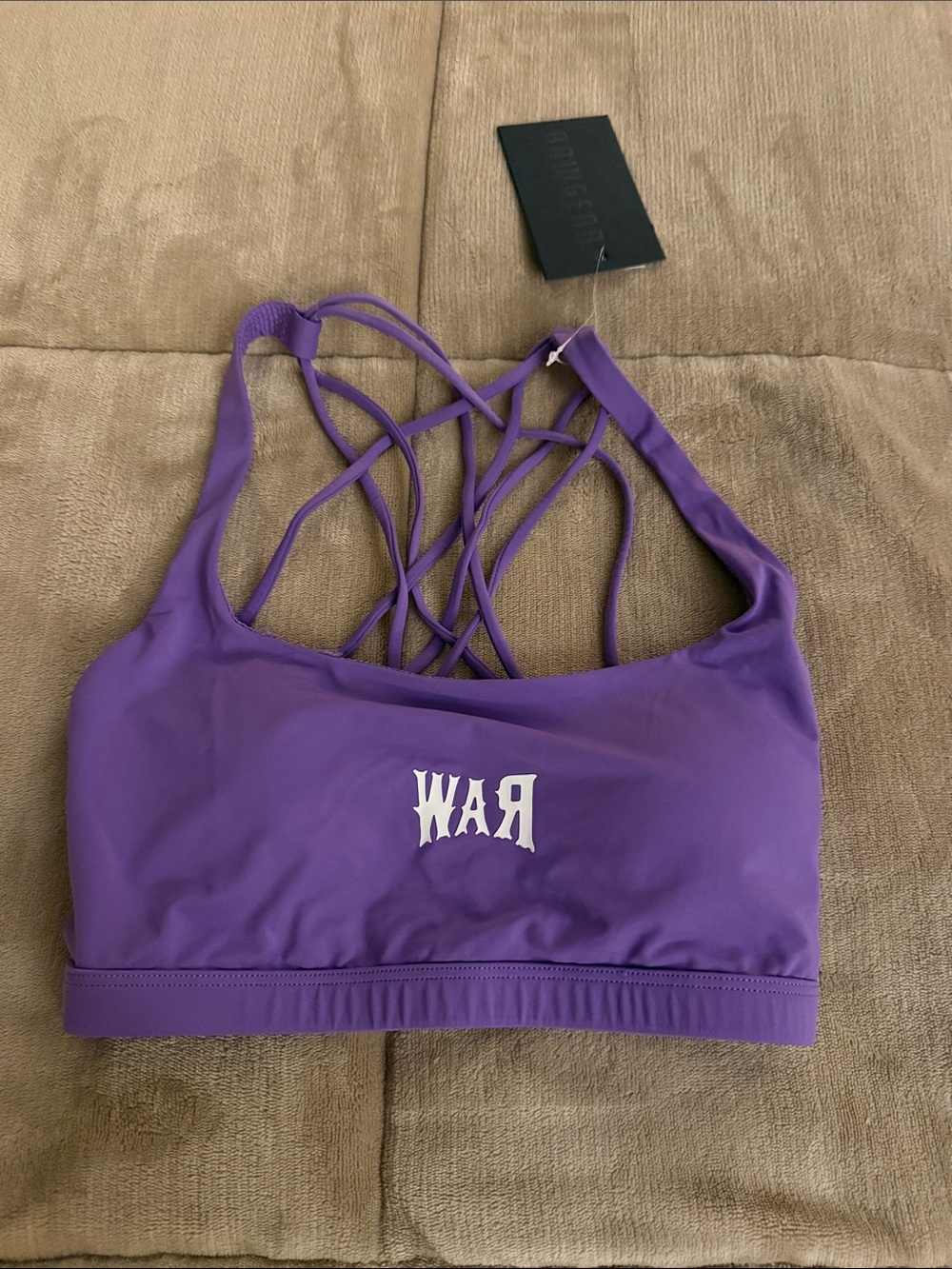Strappy Purple Supportive Sports Bra with Graphic Logo Raw
